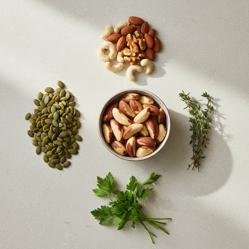 Natuurlijke ingrediënten: pompoenpitten, noten rijk aan zink en selenium, groene kruiden op stenen ondergrond